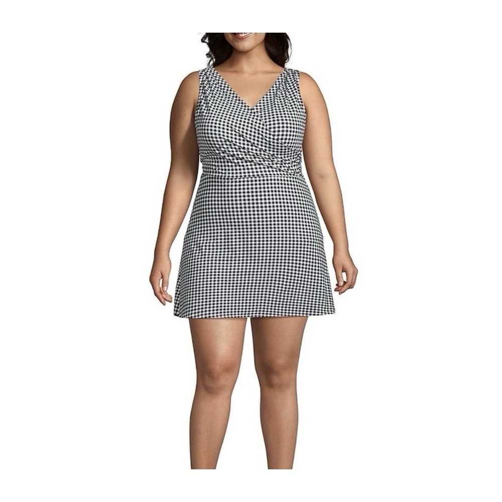 NWT Lands End Swimsuit Dress Surplice Wrap 26W Gingham Tummy Control Swimdress
